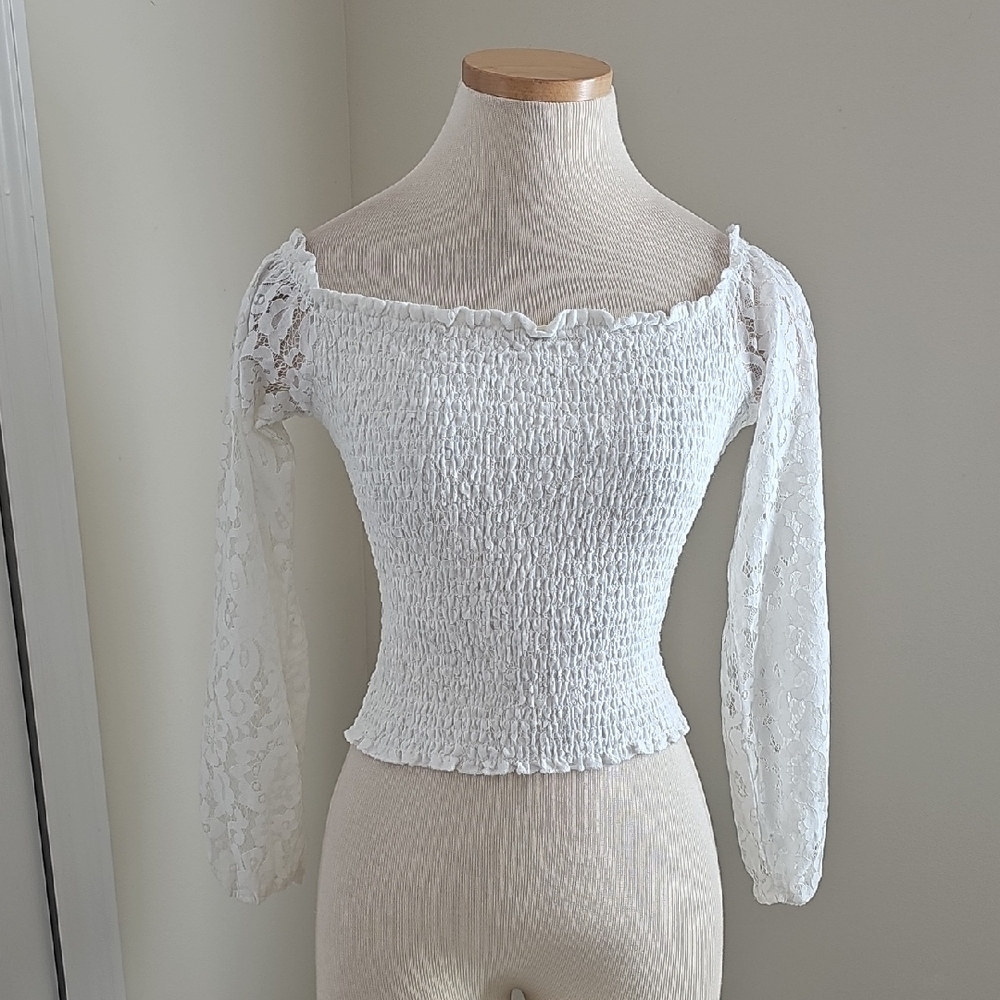 Hollister White Lace Sleeves. Off-Shoulder Blouse. Smocking Size Small